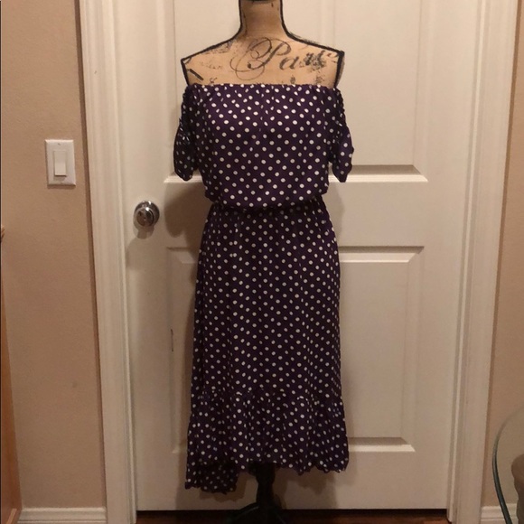 Purple and white polka dot off shoulder dress - Picture 4 of 7